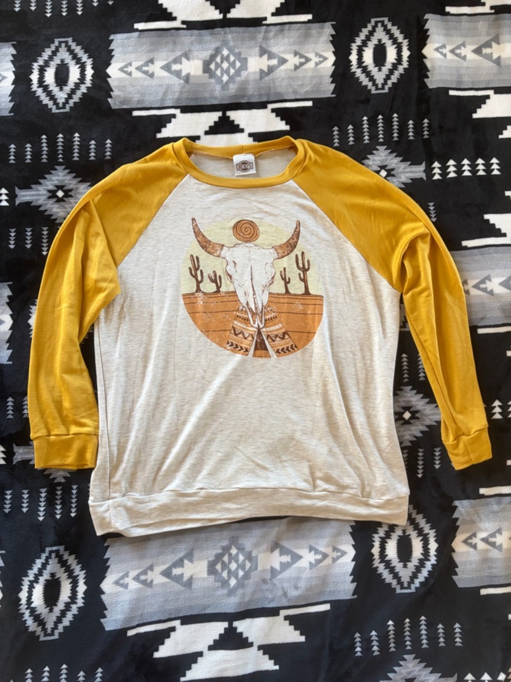 NWOT Graphic Raglan Tee with Mustard Sleeves
